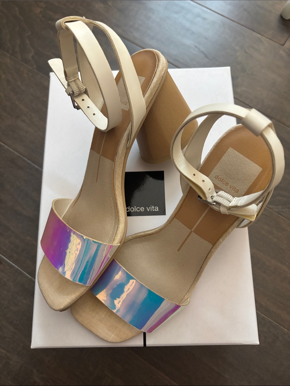 Dolce Vita Hazel Iridescent Cream Block Heel Sandals